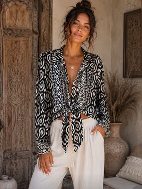 Floral and Ivy Geometric Patterned front tie + buttons Blouse, size S, $40, NWOT